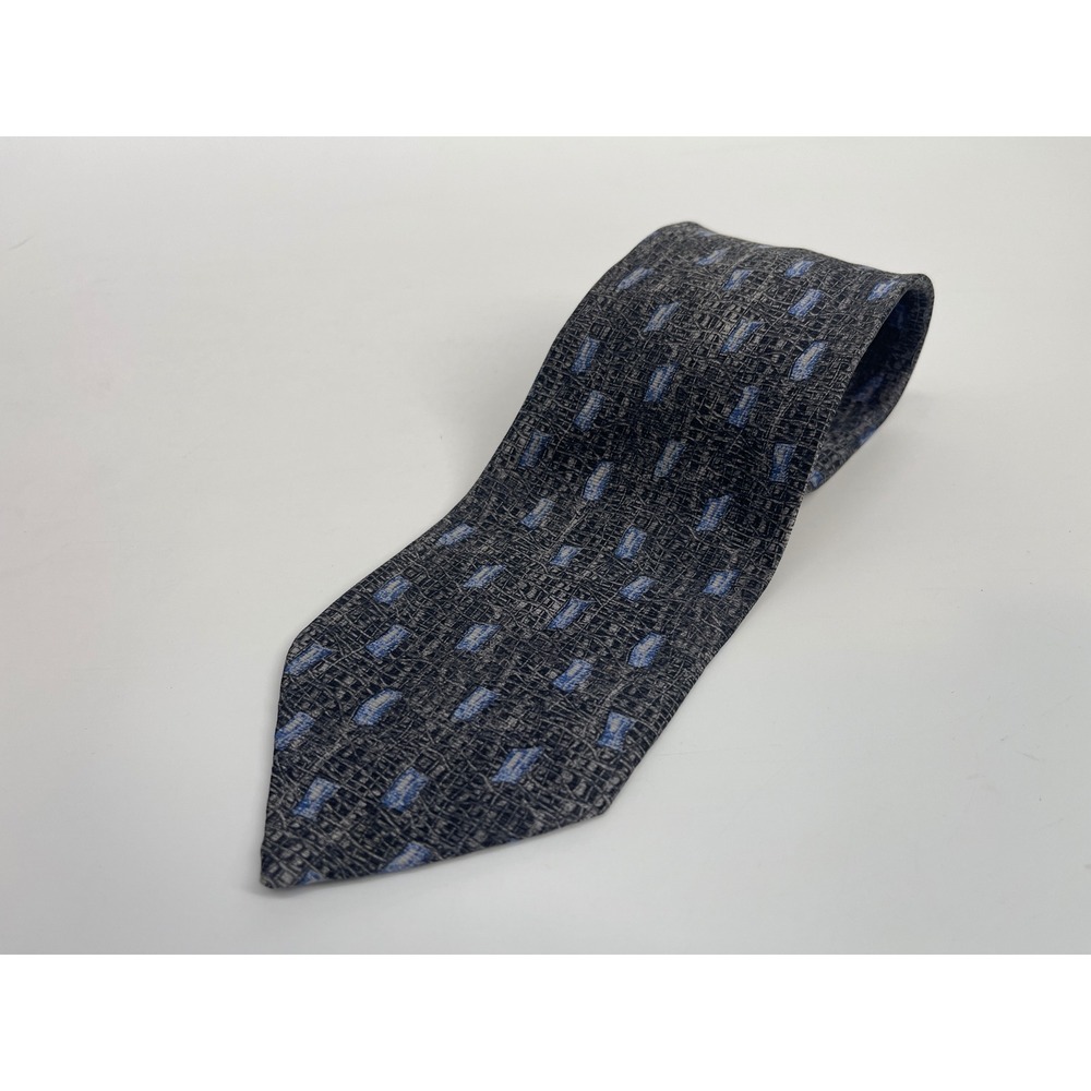 Mark Shale Silk Necktie Mens Grey Blue Geometric Textured Grid Made in Italy Tie